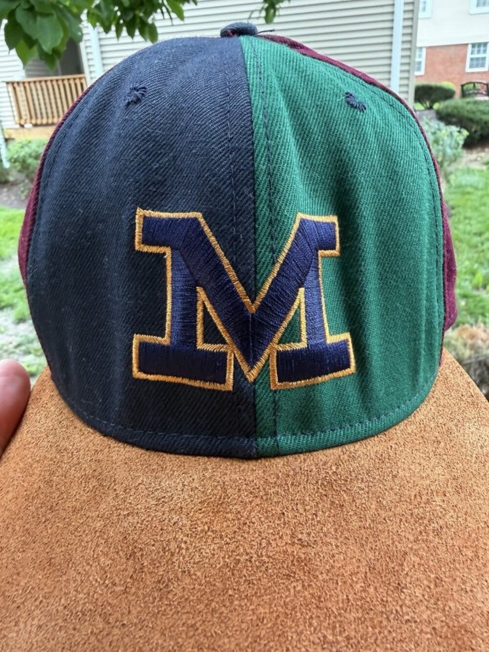 Vintage 90s RARE colorblock Michigan Wolverines embroidered suede-like brim cap